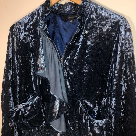 Dance & Marvel Blue Crushed Velvet Ruffled Zip Up Jacket Size Small - Picture 9 of 10